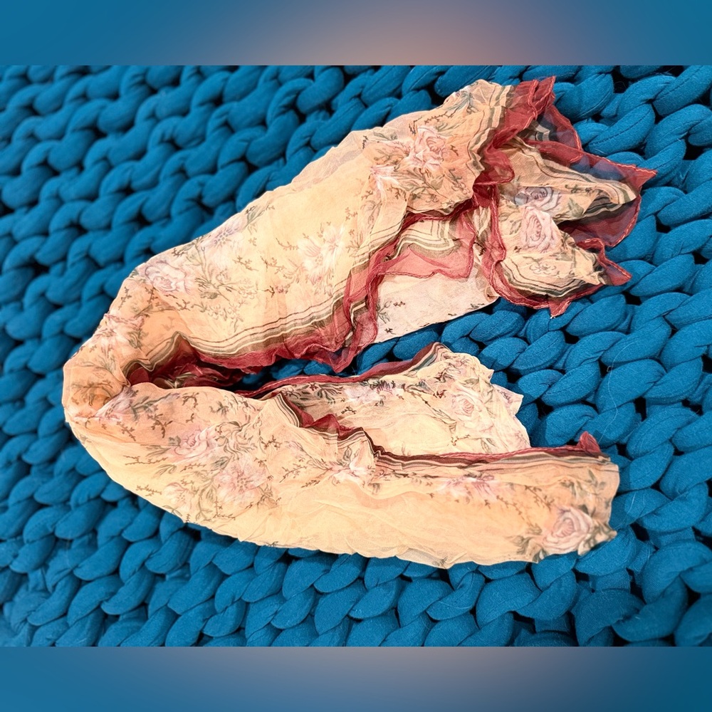 Vintage floaty sheer chiffon beige and burgundy floral long scarf